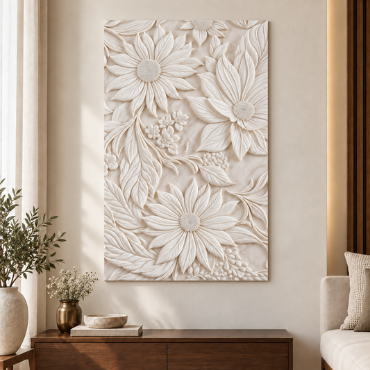 Layered Daisy Garden Corian Wall Panel CWP-612, front view in a Mumbai home setting; AI-assisted concept
