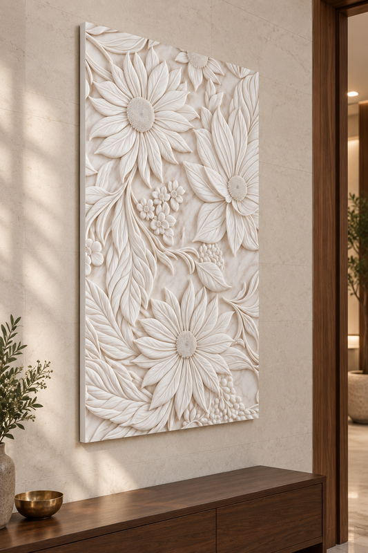 Layered Daisy Garden Corian Wall Panel CWP-612, left view in a Mumbai home setting; AI-assisted concept
