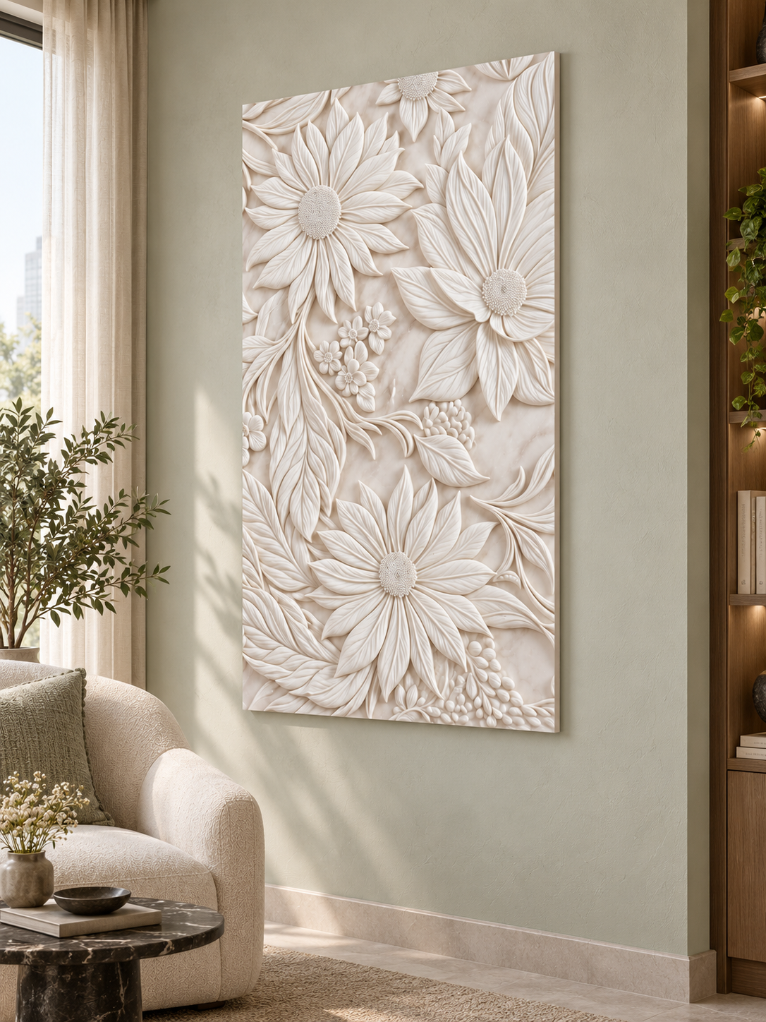 Layered Daisy Garden Corian Wall Panel CWP-612, right view in a Mumbai home setting; AI-assisted concept