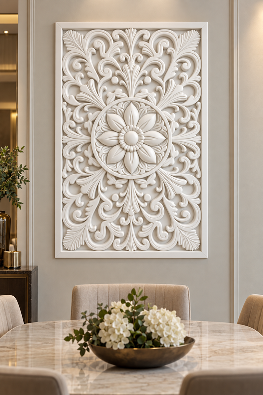 Layered Leaf Ring Blossom Corian wall panel, front view on a formal dining room wall in a Mumbai home; AI-assisted concept visualisation