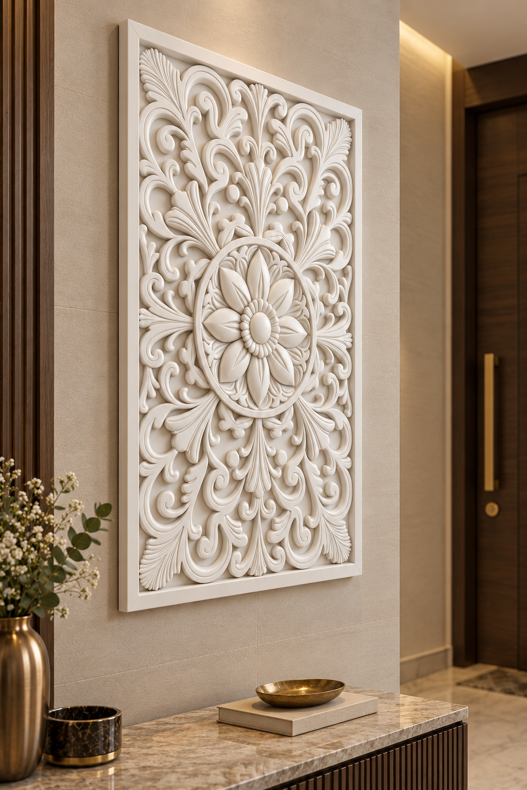Layered Leaf Ring Blossom Corian wall panel, left view on an entrance foyer wall in a Mumbai home; AI-assisted concept visualisation