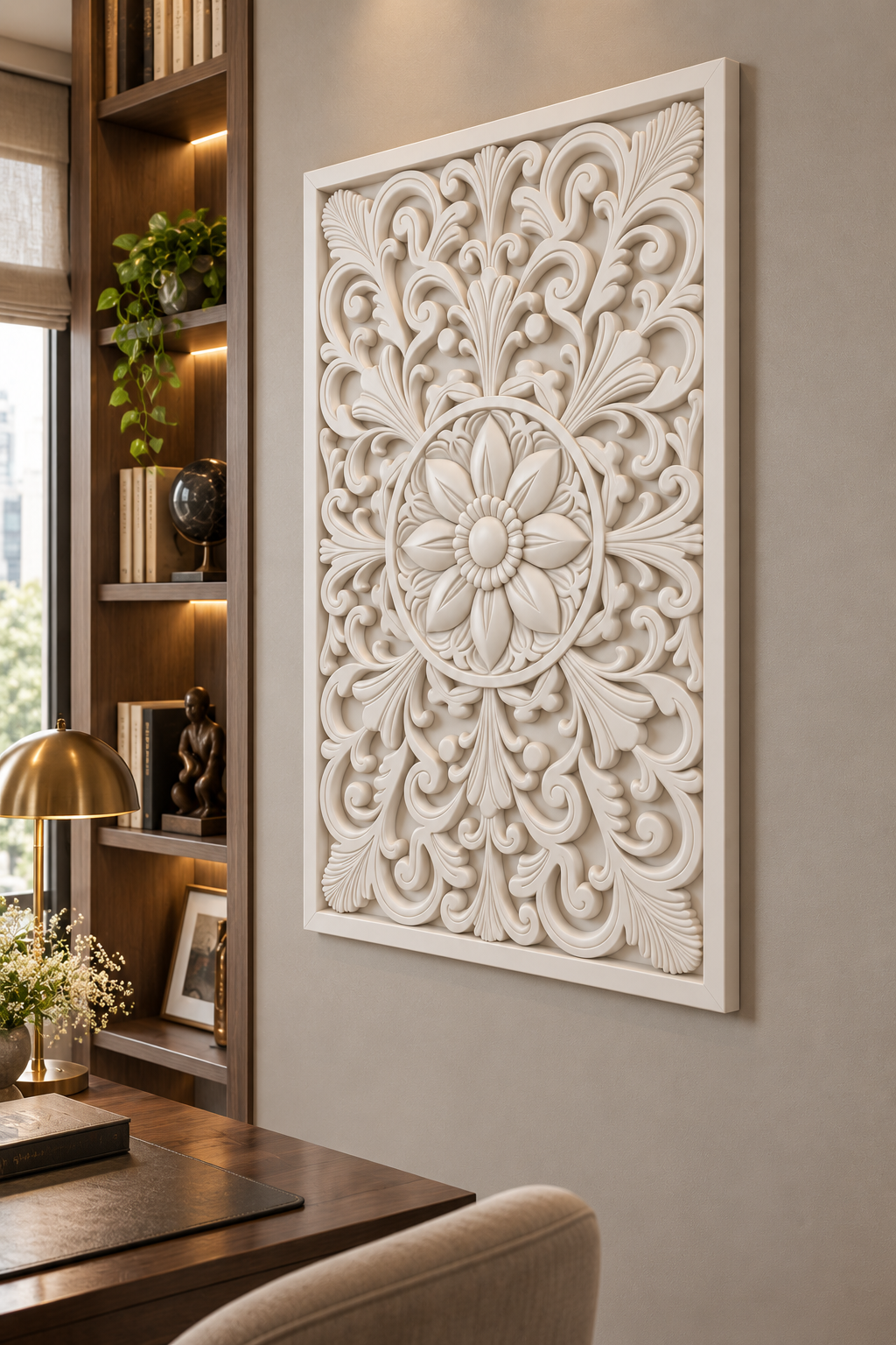 Layered Leaf Ring Blossom Corian wall panel, right view on a home library accent wall in a Mumbai home; AI-assisted concept visualisation