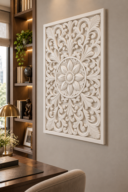 Layered Leaf Ring Blossom Corian wall panel, right view on a home library accent wall in a Mumbai home; AI-assisted concept visualisation