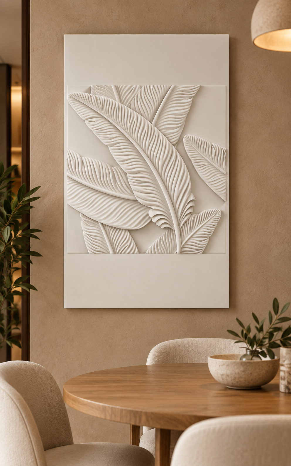 Layered Ribbed Leaf Field Corian Wall Panel, front view in a Mumbai apartment dining nook, 2.5 x 4 ft concept visualisation