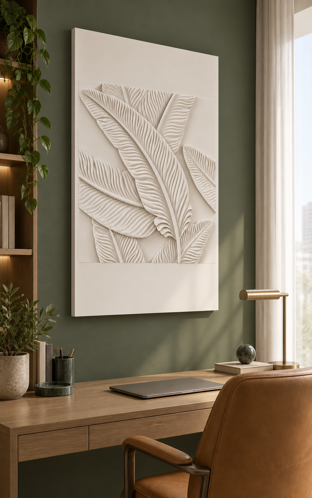 Layered Ribbed Leaf Field Corian Wall Panel, left view in a Mumbai apartment study, 2.5 x 4 ft concept visualisation