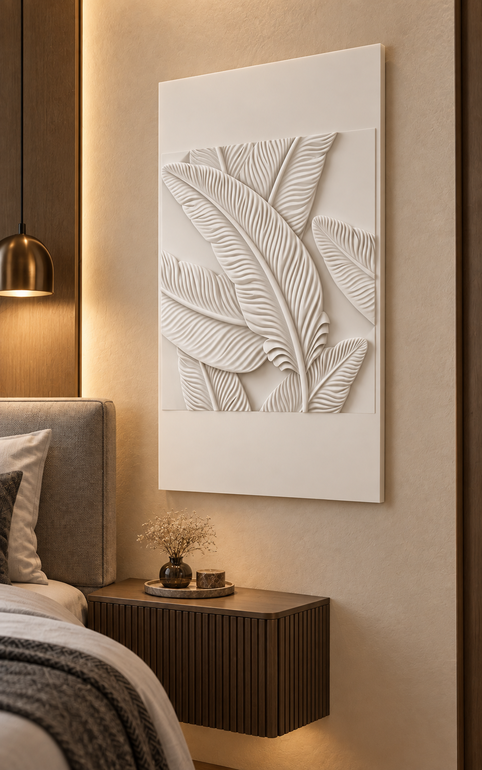 Layered Ribbed Leaf Field Corian Wall Panel, right view in a Mumbai apartment bedroom, 2.5 x 4 ft concept visualisation