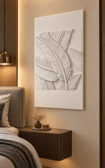 Layered Ribbed Leaf Field Corian Wall Panel, right view in a Mumbai apartment bedroom, 2.5 x 4 ft concept visualisation