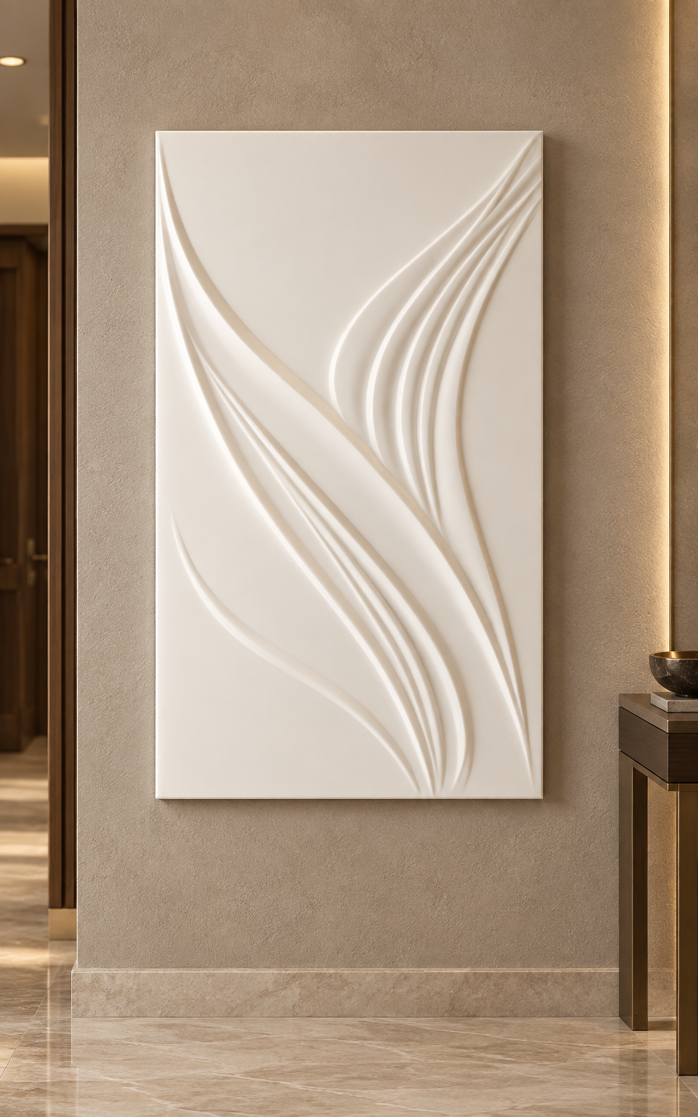 Layered Ribbon Sails Corian wall panel, 2.5 x 4 ft, front view in a Textured taupe foyer
