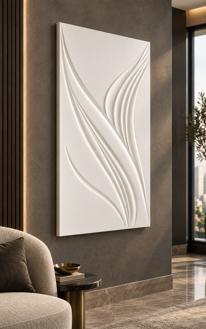 Layered Ribbon Sails Corian wall panel, 2.5 x 4 ft, left view in a Charcoal-accent living nook