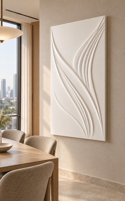 Layered Ribbon Sails Corian wall panel, 2.5 x 4 ft, right view in a Pale oak dining room