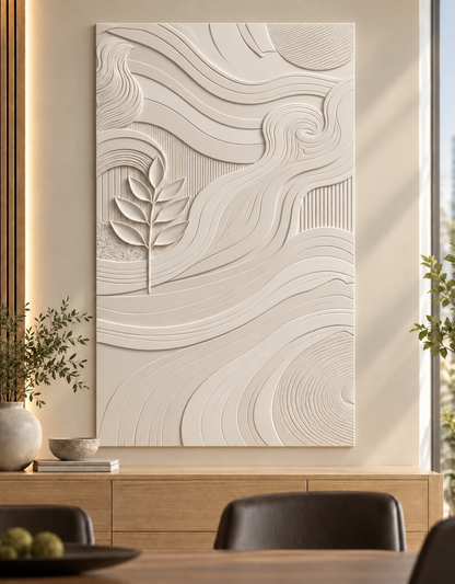 Leaf and Contour Mosaic Corian wall panel, front view in a Mumbai modern dining room; AI-assisted concept visualisation