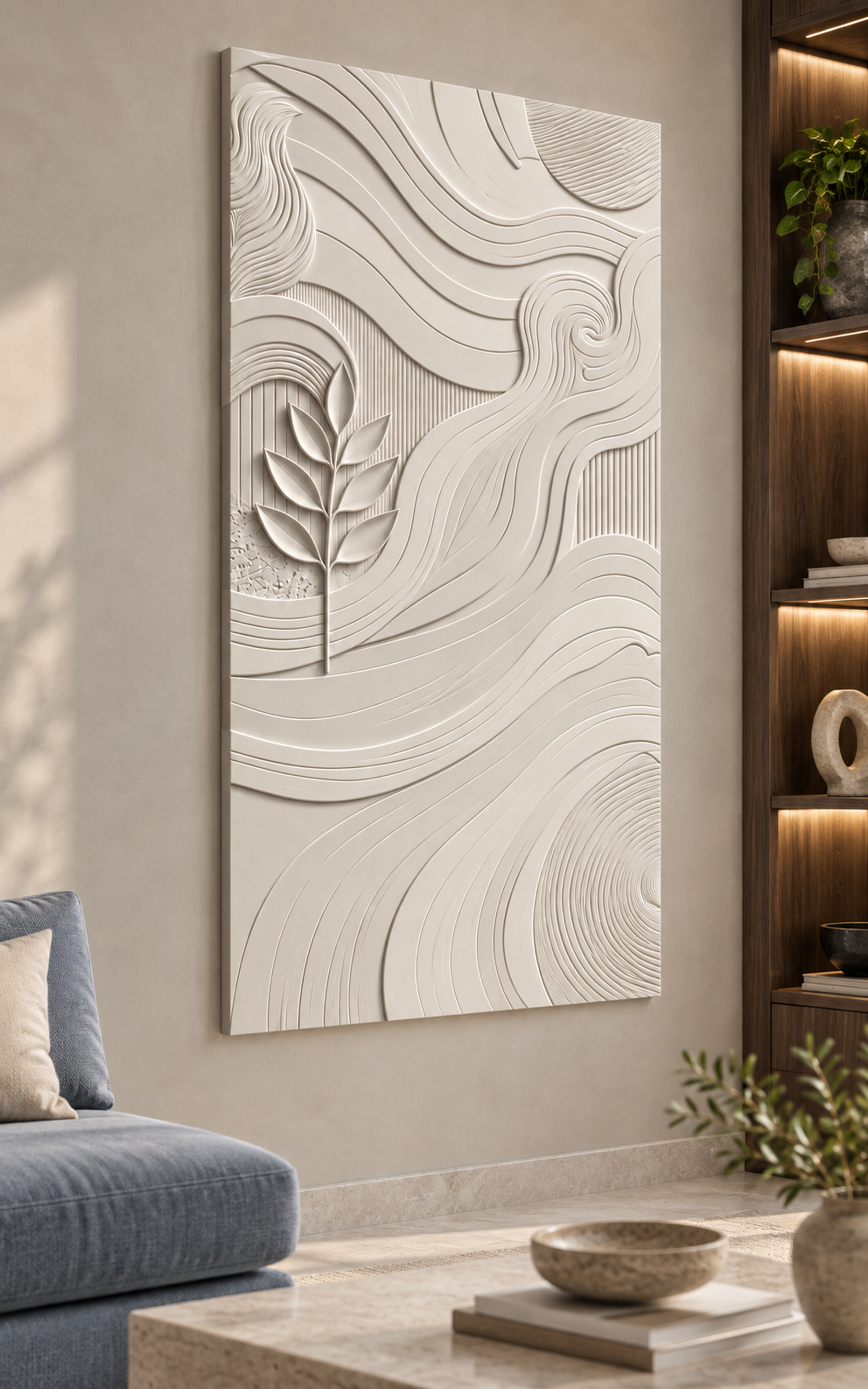 Leaf and Contour Mosaic Corian wall panel, left view in a Mumbai family living room; AI-assisted concept visualisation