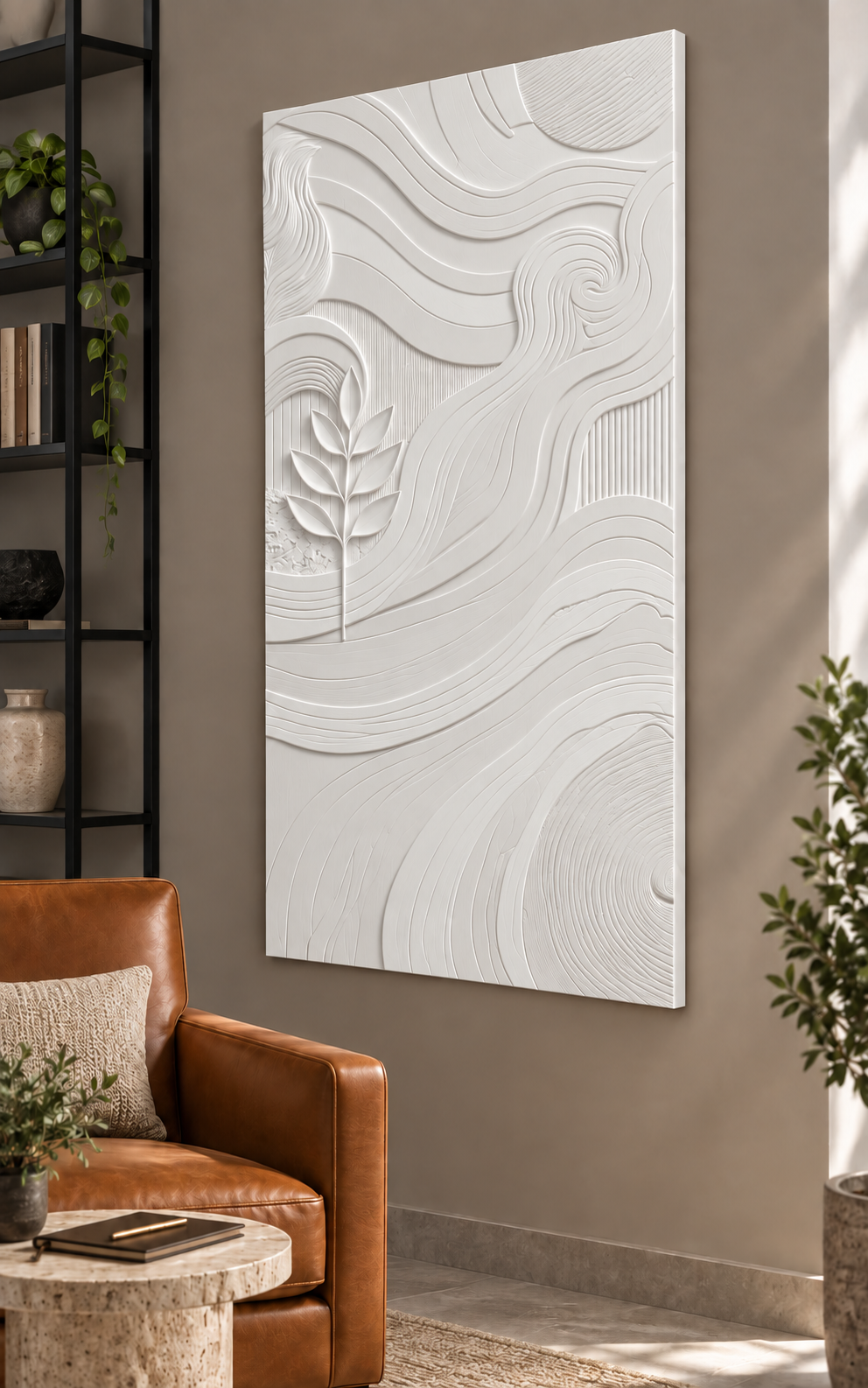 Leaf and Contour Mosaic Corian wall panel, right view in a Mumbai home office lounge; AI-assisted concept visualisation