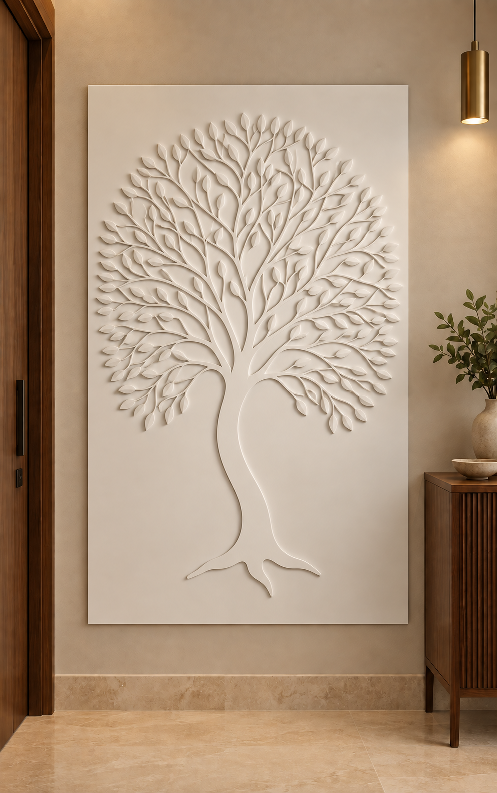 Leaf Crown Tree Silhouette Corian wall panel, front view in a Mumbai entrance foyer; AI-assisted concept visualisation