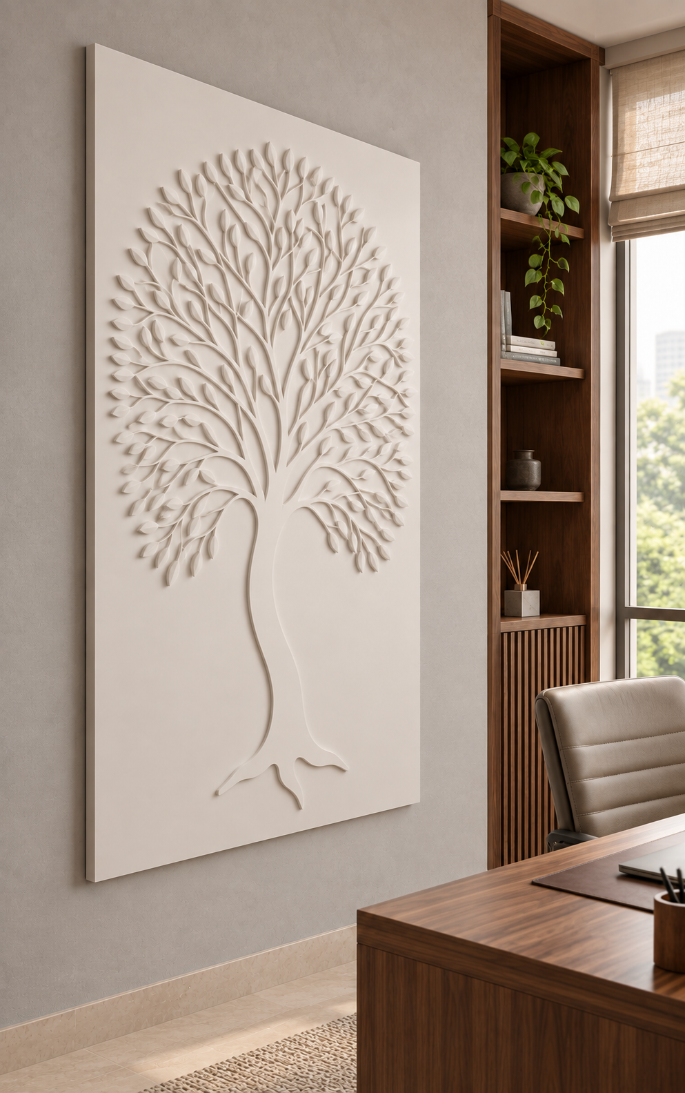 Leaf Crown Tree Silhouette Corian wall panel, left view in a Mumbai home office wall; AI-assisted concept visualisation