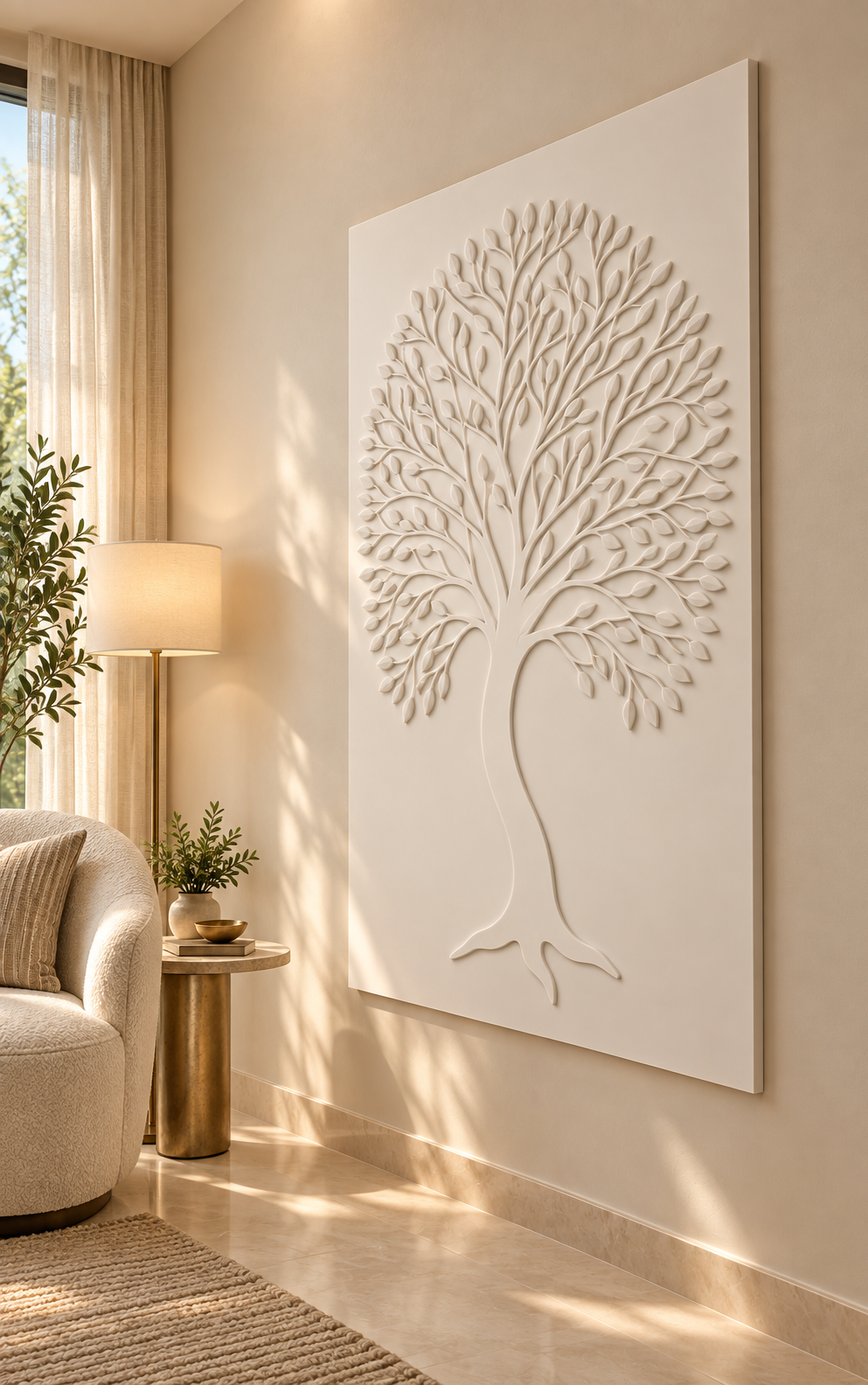 Leaf Crown Tree Silhouette Corian wall panel, right view in a Mumbai living room reading alcove; AI-assisted concept visualisation