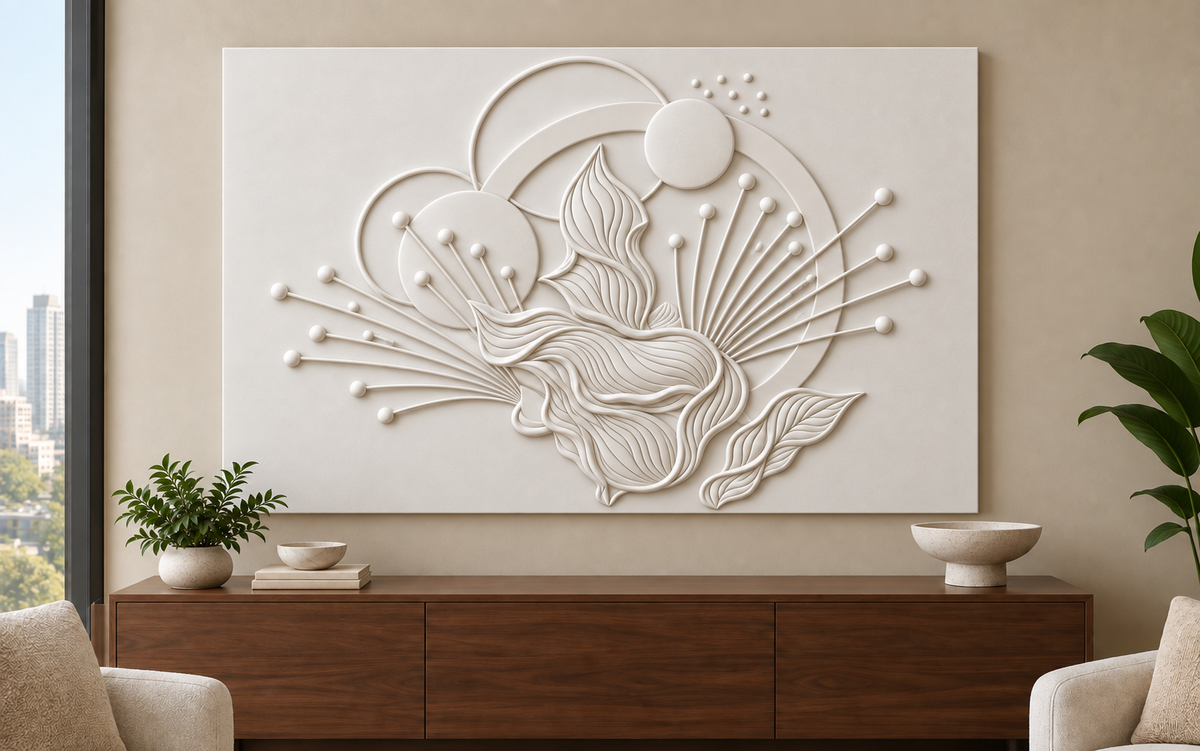 Leaf Orbit Sunburst Corian wall panel, front view in a Mumbai living room console wall; AI-assisted concept visualisation