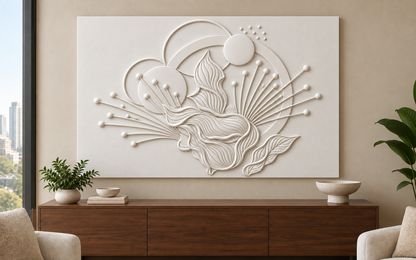 Leaf Orbit Sunburst Corian wall panel, front view in a Mumbai living room console wall; AI-assisted concept visualisation