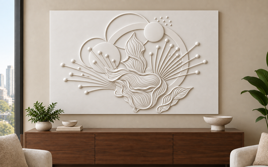 Leaf Orbit Sunburst Corian wall panel, front view in a Mumbai living room console wall; AI-assisted concept visualisation