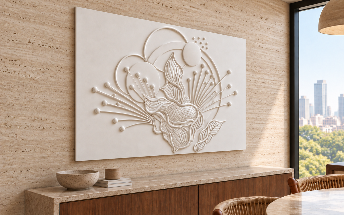 Leaf Orbit Sunburst Corian wall panel, left view in a Mumbai dining lounge; AI-assisted concept visualisation