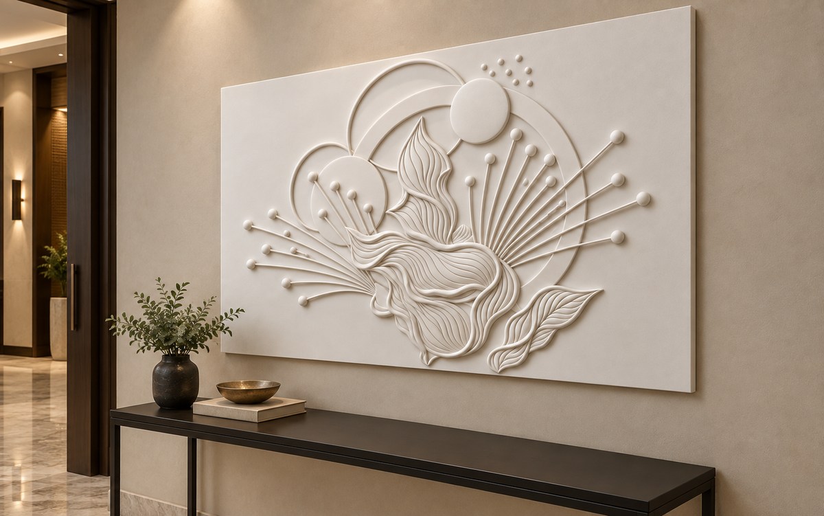 Leaf Orbit Sunburst Corian wall panel, right view in a Mumbai entrance reception area; AI-assisted concept visualisation