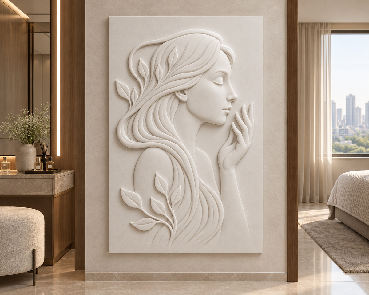 Leafwoven Woman Profile Corian Wall Panel CWP-432, front view in a luxury Mumbai bedroom dressing area; white Corian relief concept visualisation