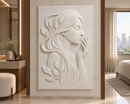 Leafwoven Woman Profile Corian Wall Panel CWP-432, front view in a luxury Mumbai bedroom dressing area; white Corian relief concept visualisation