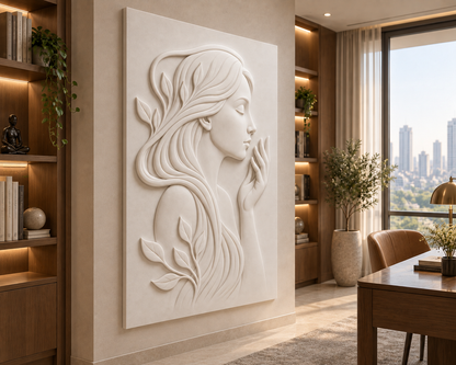 Leafwoven Woman Profile Corian Wall Panel CWP-432, left view in a luxury Mumbai home library; white Corian relief concept visualisation
