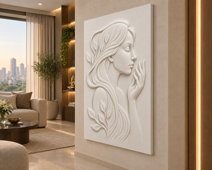 Leafwoven Woman Profile Corian Wall Panel CWP-432, right view in a luxury Mumbai private lounge; white Corian relief concept visualisation