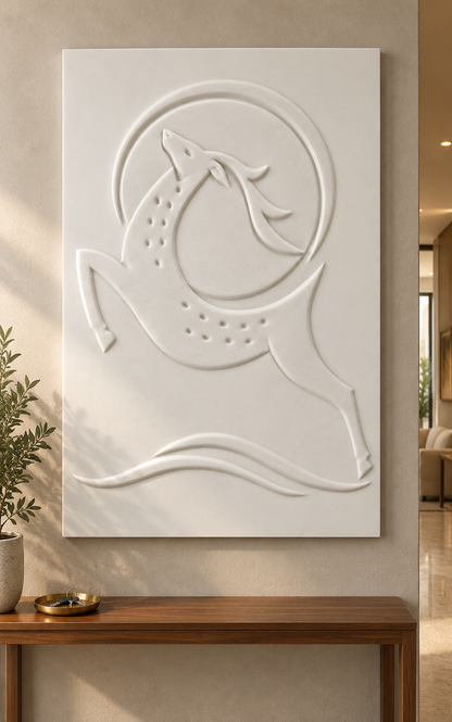 CWP-647 Leaping Wildlife Arc Corian Wall Panel, 2.5 ft wide x 4 ft high, front view in a Mumbai foyer; AI-assisted concept visualisation