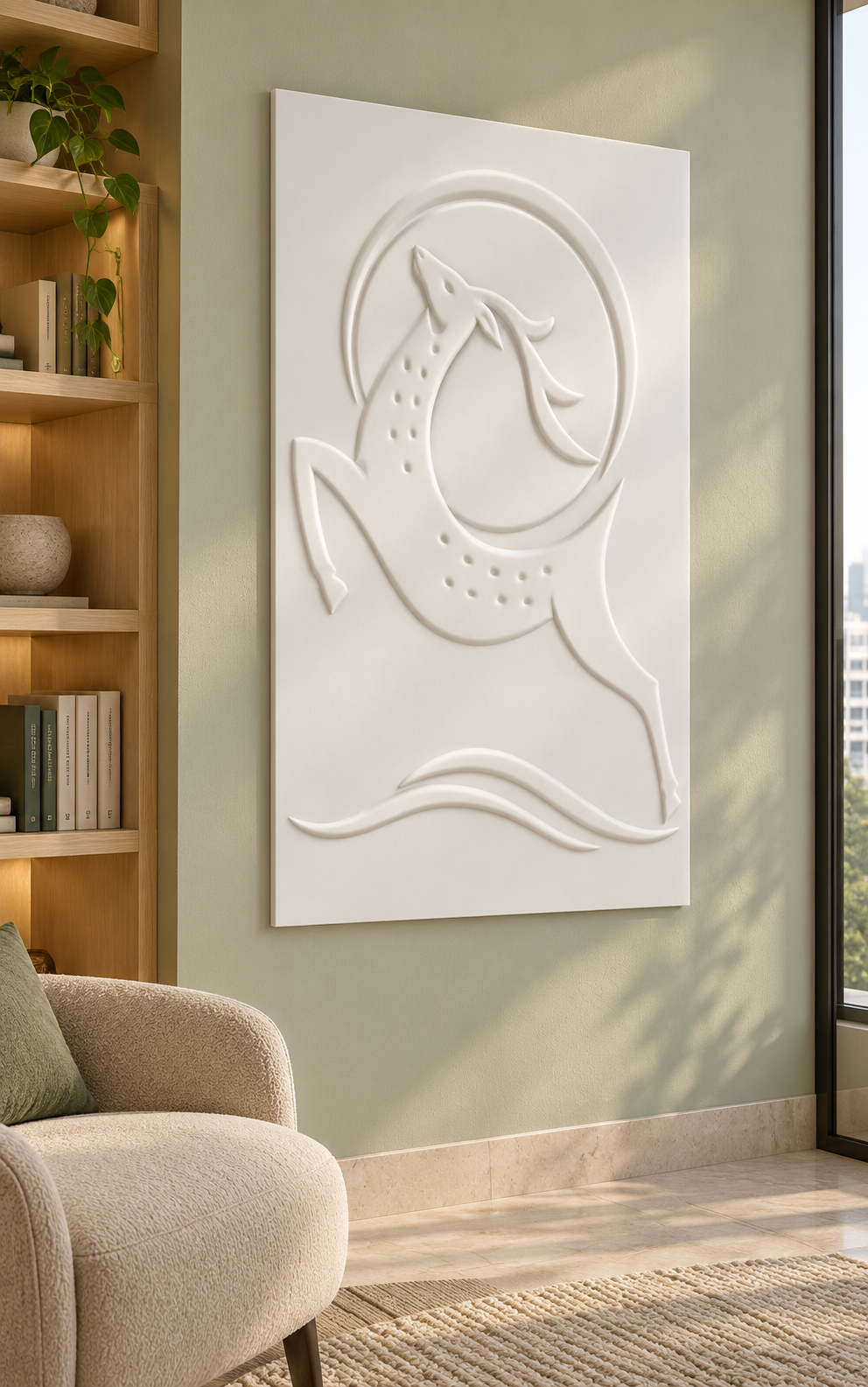 CWP-647 Leaping Wildlife Arc Corian Wall Panel, 2.5 ft wide x 4 ft high, left view in a Mumbai reading corner; AI-assisted concept visualisation