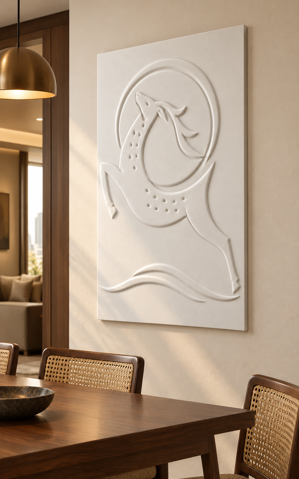 CWP-647 Leaping Wildlife Arc Corian Wall Panel, 2.5 ft wide x 4 ft high, right view in a Mumbai dining room; AI-assisted concept visualisation