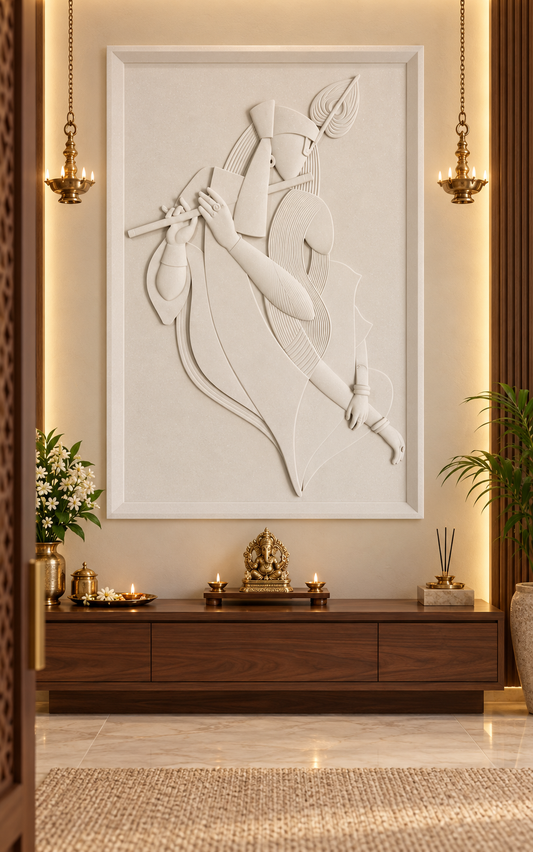 CWP-645 Linear Flute Duet Corian Wall Panel, 2.5 ft wide x 4 ft high, front view in a Mumbai pooja room; AI-assisted concept visualisation
