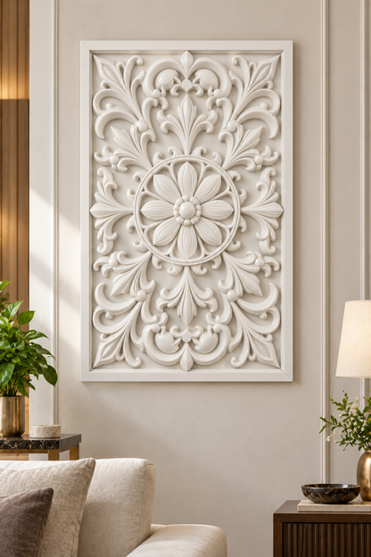 Linked Petal Leaf Roundel Corian wall panel, front view on a formal living room wall in a Mumbai home; AI-assisted concept visualisation