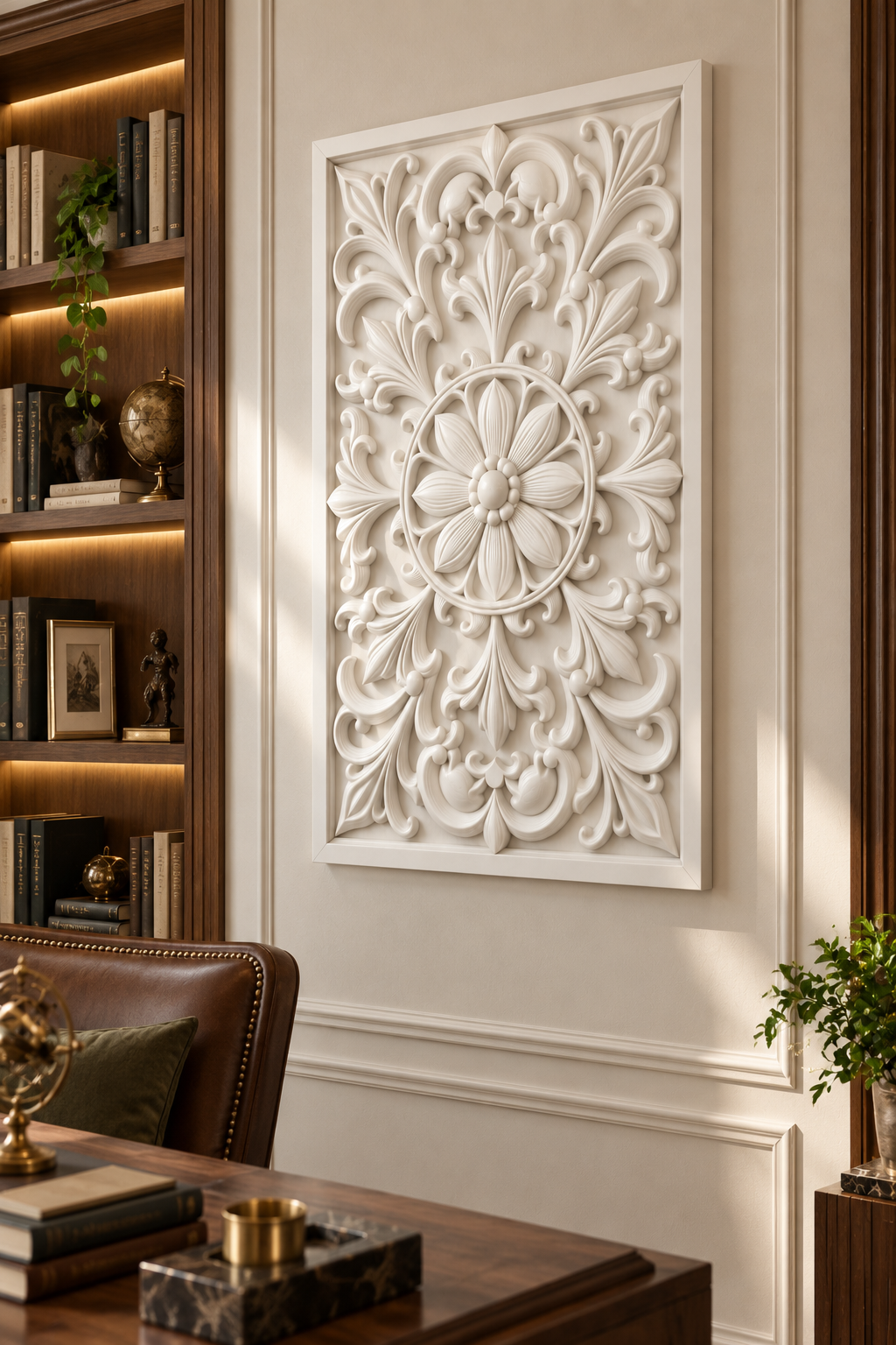 Linked Petal Leaf Roundel Corian wall panel, right view on a home library display wall in a Mumbai home; AI-assisted concept visualisation