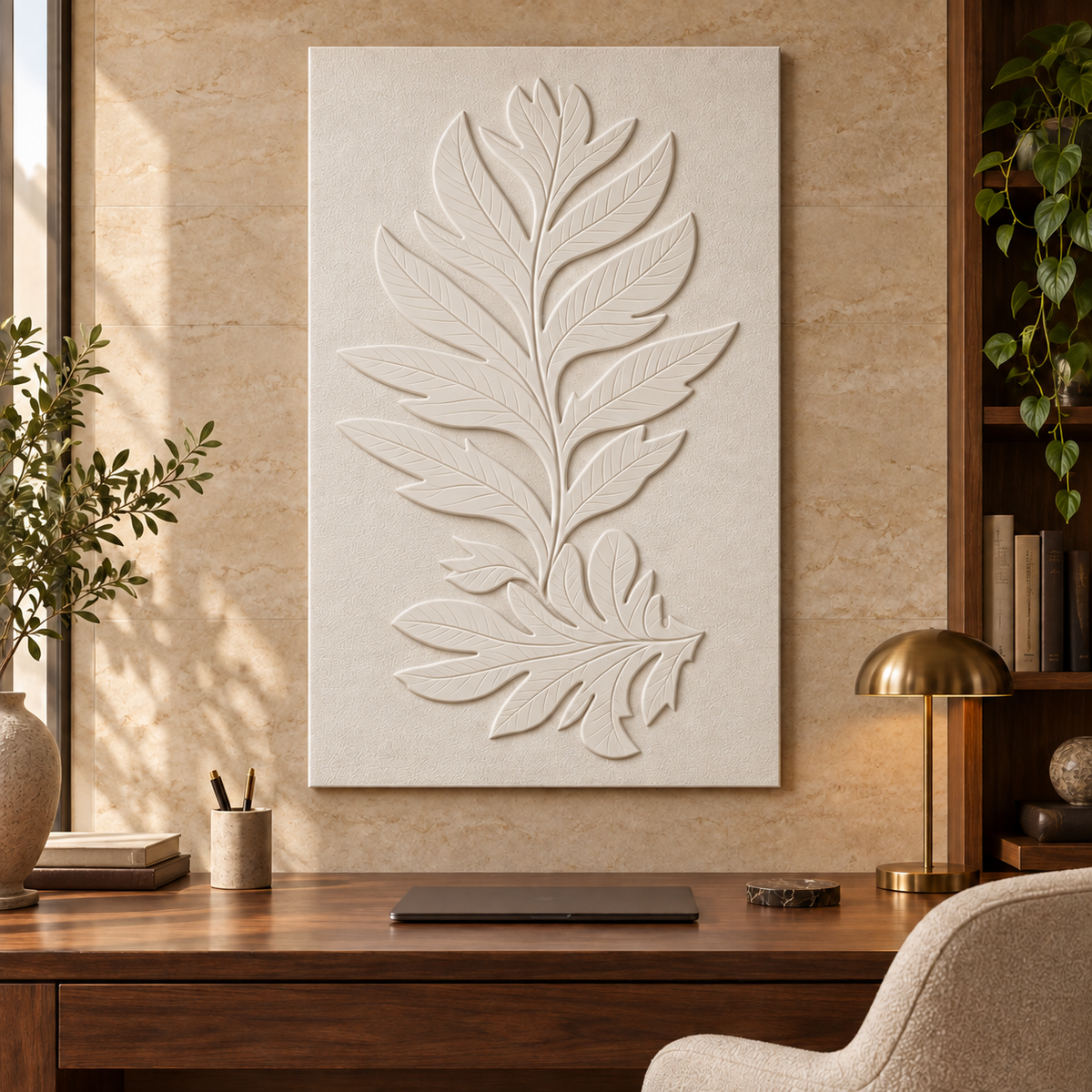 Lobed Leaf Duo Corian wall panel, front view in a Mumbai home study; AI-assisted concept visualisation