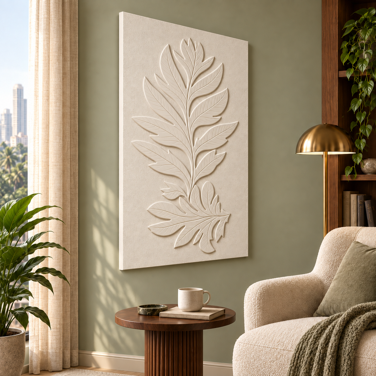 Lobed Leaf Duo Corian wall panel, left view in a Mumbai bedroom reading corner; AI-assisted concept visualisation