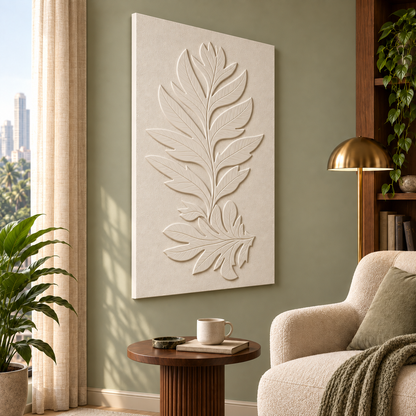 Lobed Leaf Duo Corian wall panel, left view in a Mumbai bedroom reading corner; AI-assisted concept visualisation