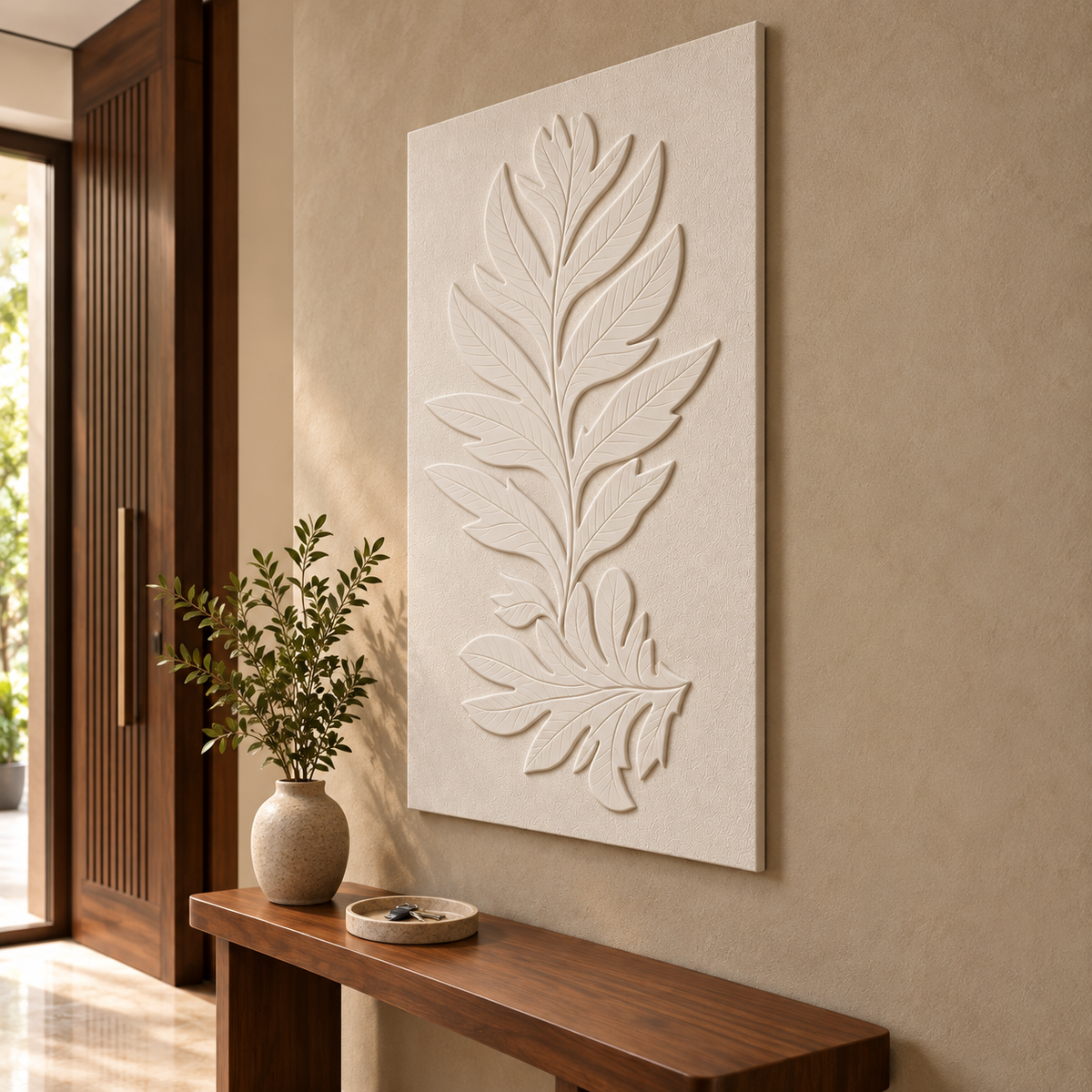 Lobed Leaf Duo Corian wall panel, right view in a Mumbai entrance passage; AI-assisted concept visualisation