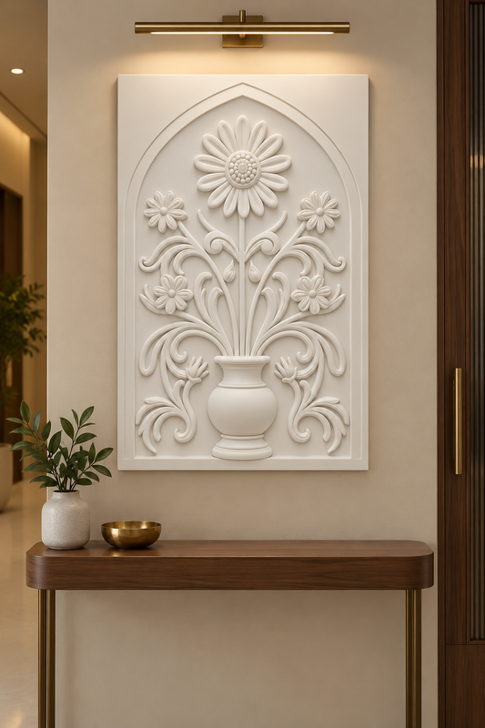 Loop Petal Daisy Scroll Urn Corian wall panel, front view in a refined Mumbai apartment foyer with a walnut console and brass lighting; AI-assisted concept visualisation