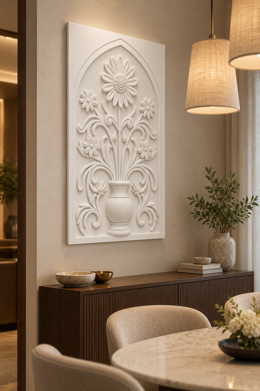 Loop Petal Daisy Scroll Urn Corian wall panel, left view in a Mumbai dining nook with a dark walnut sideboard, oval table and linen pendants; AI-assisted concept visualisation