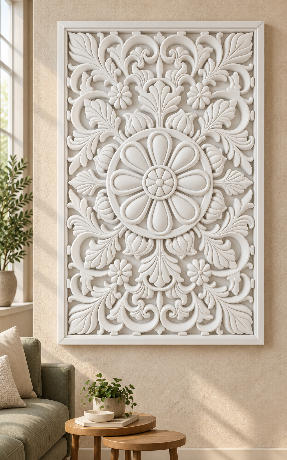Loop Petal Meadow Ring Corian wall panel, front view on a family sitting room wall in a Mumbai home; AI-assisted concept visualisation