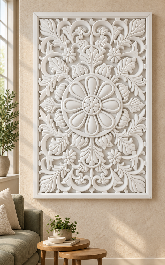 Loop Petal Meadow Ring Corian wall panel, front view on a family sitting room wall in a Mumbai home; AI-assisted concept visualisation