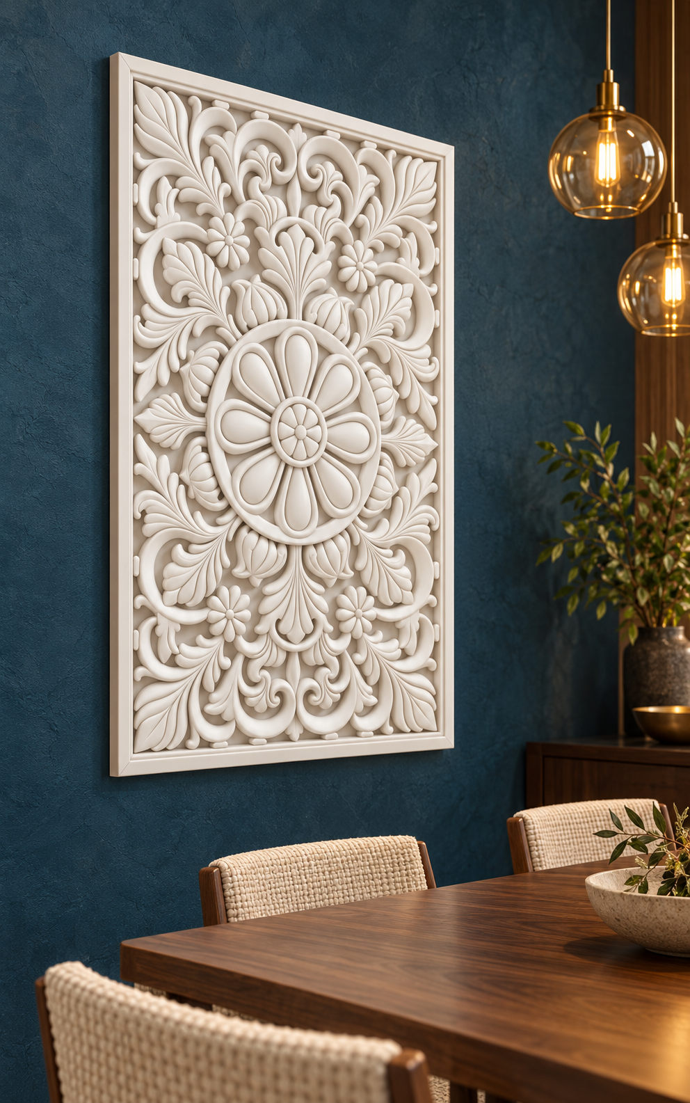 Loop Petal Meadow Ring Corian wall panel, left view on a dining room feature wall in a Mumbai home; AI-assisted concept visualisation
