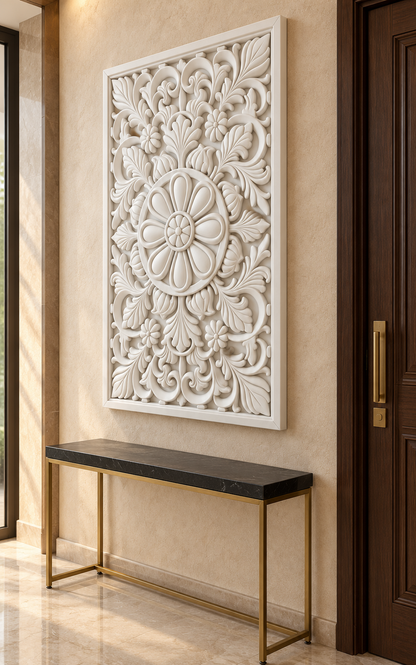 Loop Petal Meadow Ring Corian wall panel, right view on an entrance console wall in a Mumbai home; AI-assisted concept visualisation