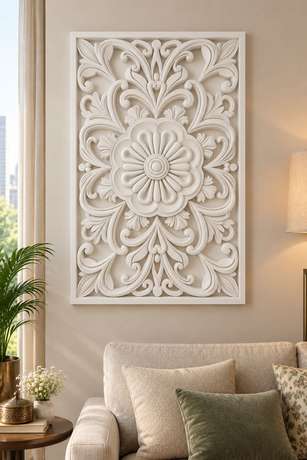 Looped Daisy Scallop Corian wall panel, front view on a living room sofa wall in a Mumbai home; AI-assisted concept visualisation