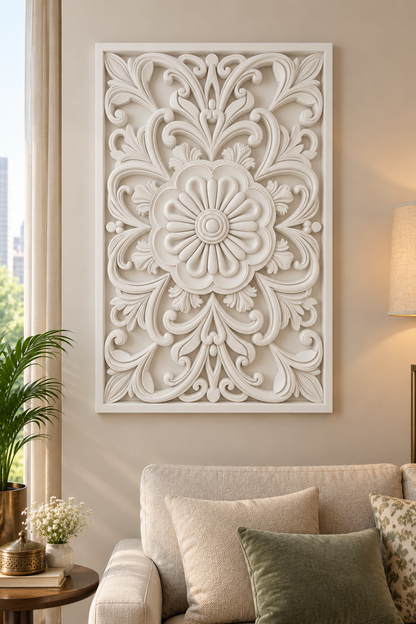 Looped Daisy Scallop Corian wall panel, front view on a living room sofa wall in a Mumbai home; AI-assisted concept visualisation