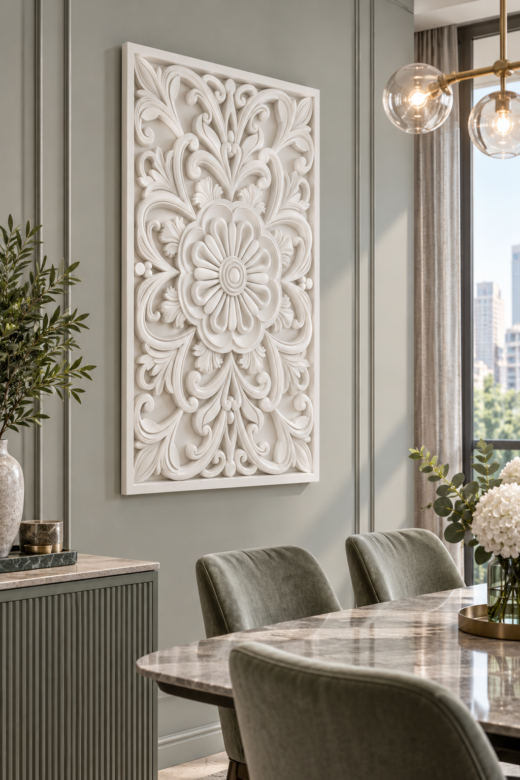 Looped Daisy Scallop Corian wall panel, left view on a dining room alcove in a Mumbai home; AI-assisted concept visualisation