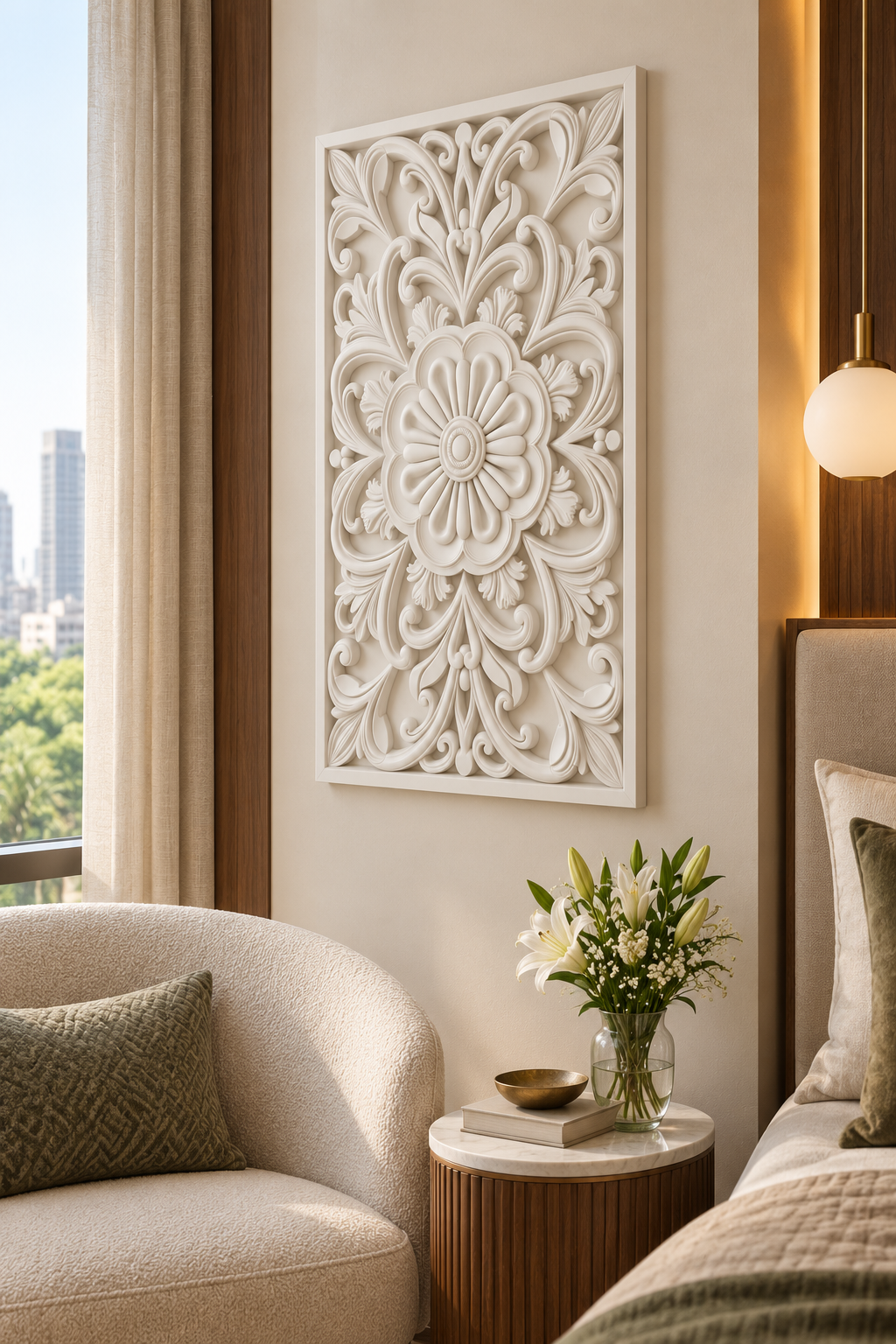 Looped Daisy Scallop Corian wall panel, right view on a bedroom sitting area wall in a Mumbai home; AI-assisted concept visualisation