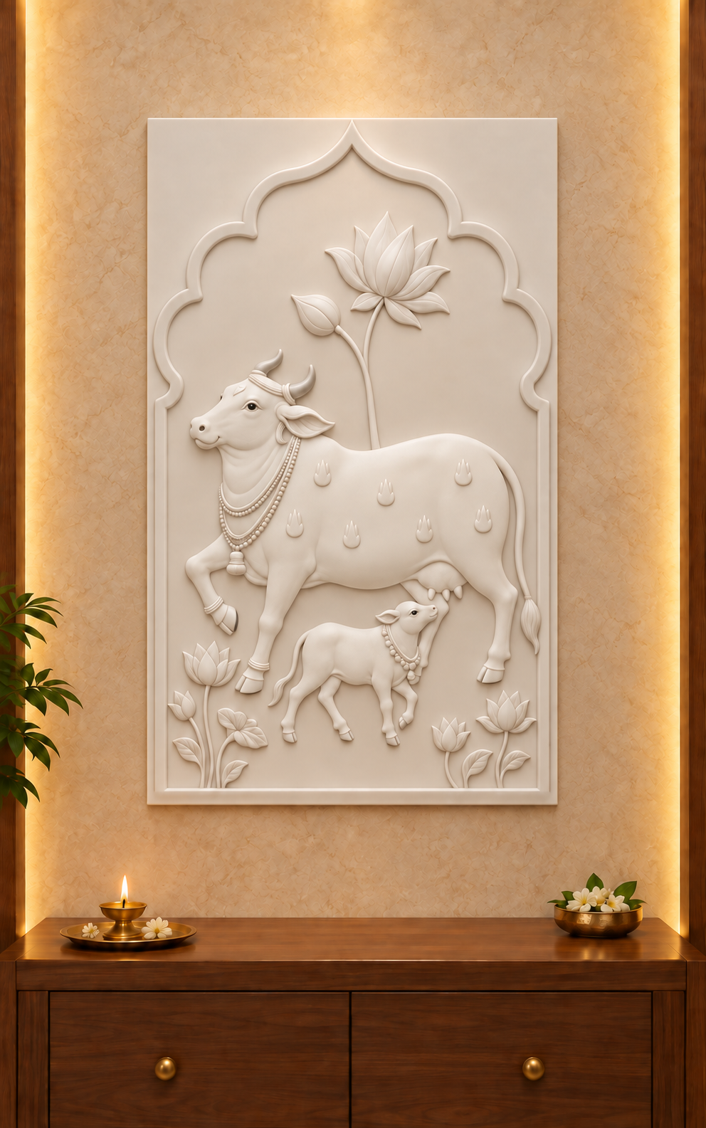 Lotus Arch Cow and Calf Corian wall panel, 2.5 x 4 ft, front view in a pooja alcove